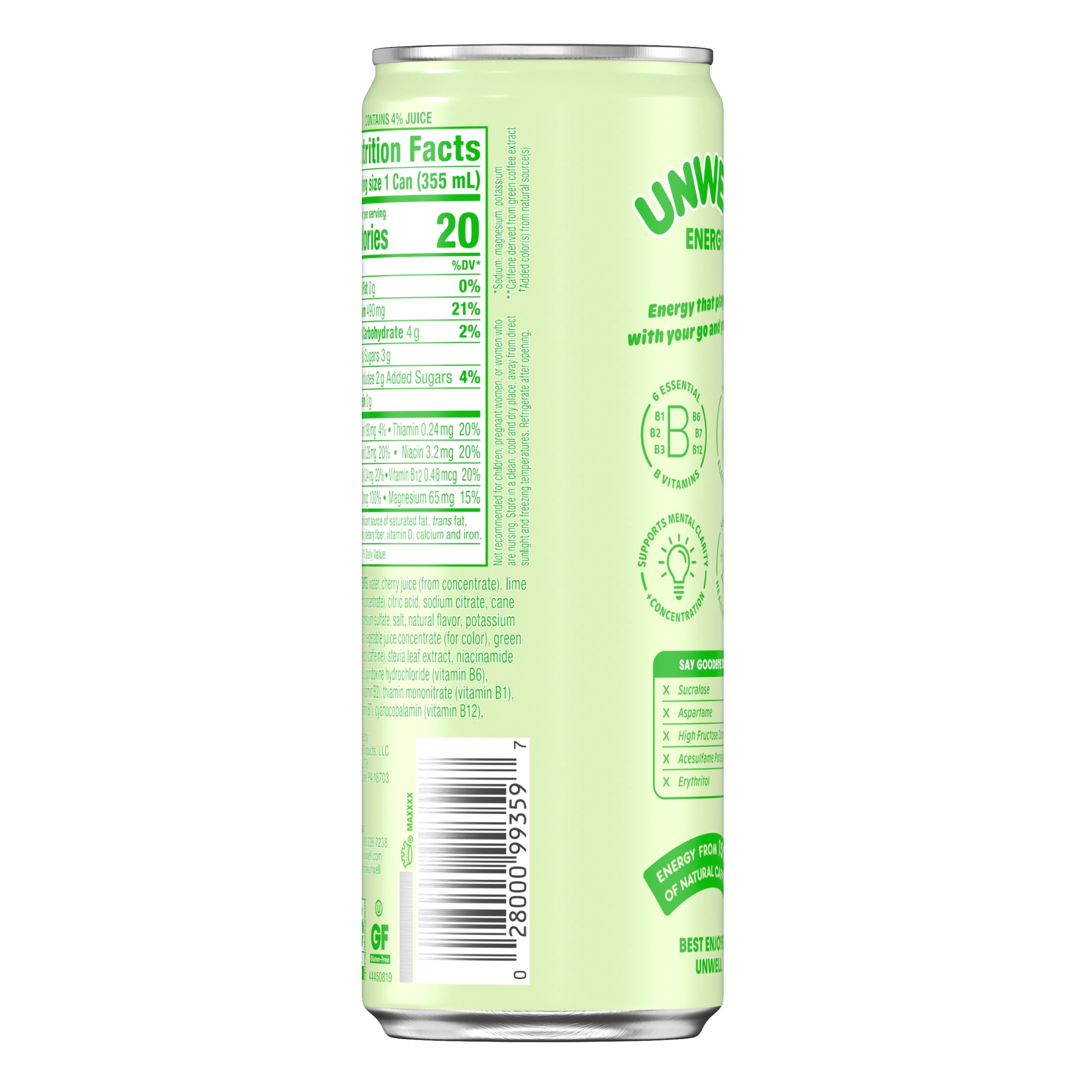 Unwell Sparkling Energy Drink, Electrolytes & Real Fruit Juice – Cherry Lime 12 fl oz