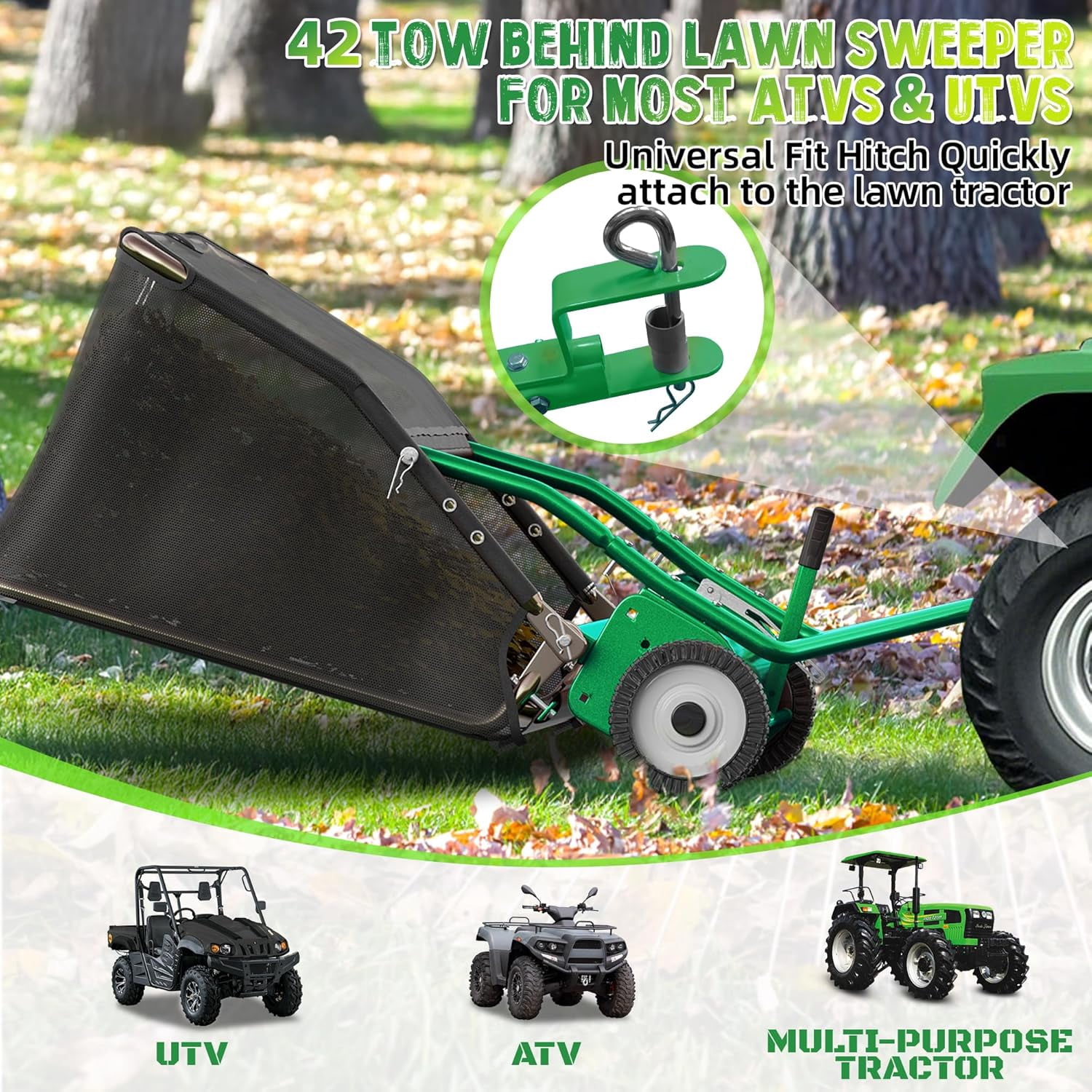 42" Tow Behind Lawn Sweeper Leaf Collector for Grass Lawn 18.55 cu. ft Capacity
