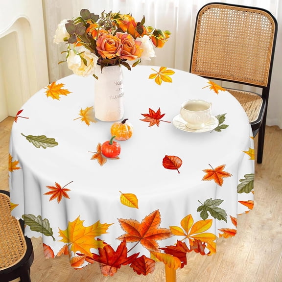 Round Tablecloth 60 inch, Fall Halloween Round Table Cloth, Stain Resistance Water Repellent Wrinkle-Free, Gold Floral Circle Tablecloth for Home Kitchen Dining Party Patio (Maple Leaf)