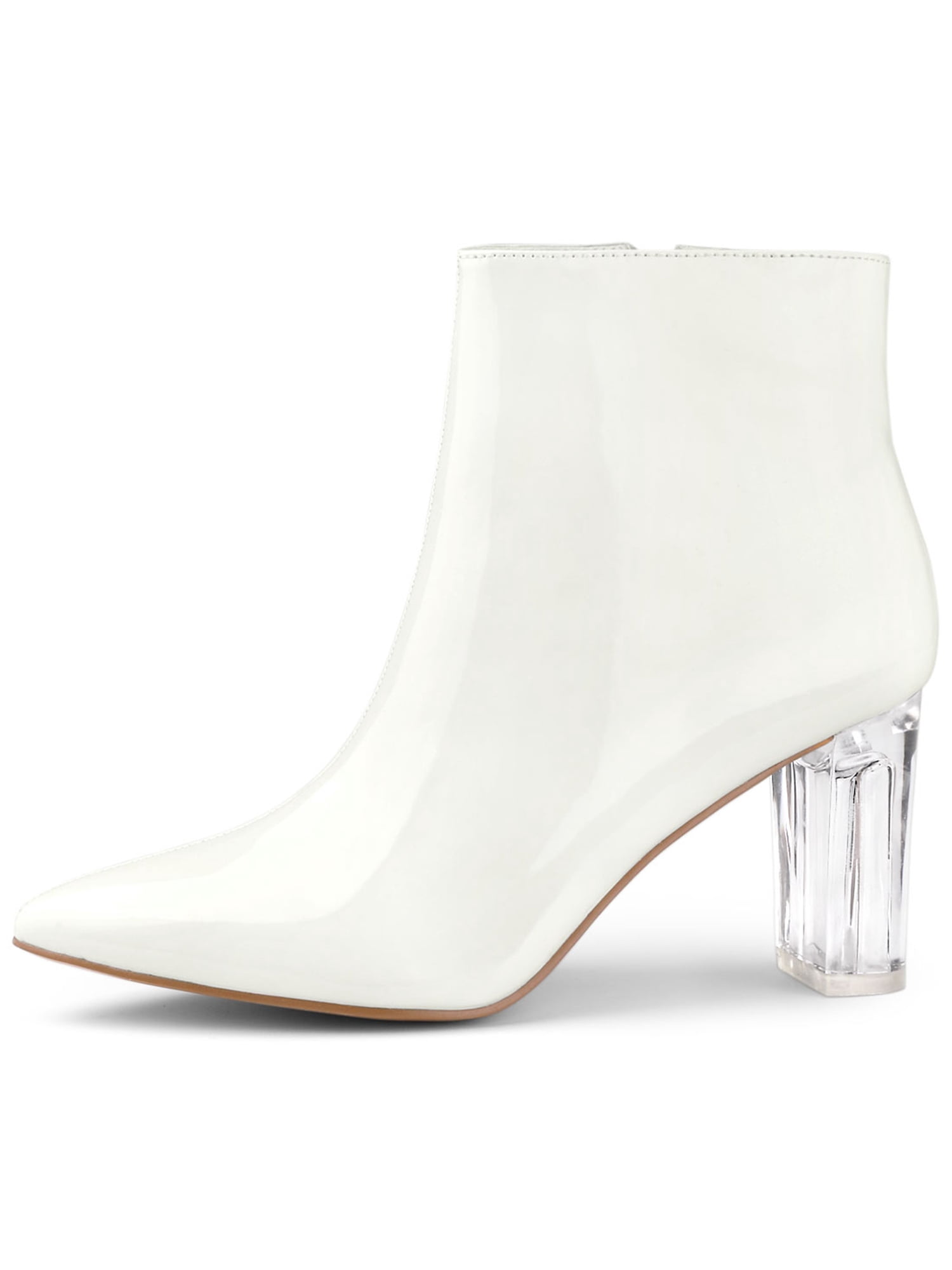 Unique Bargains Women's Clear Heel Pointy Toe Chunky Heel Ankle Boots White 9.5