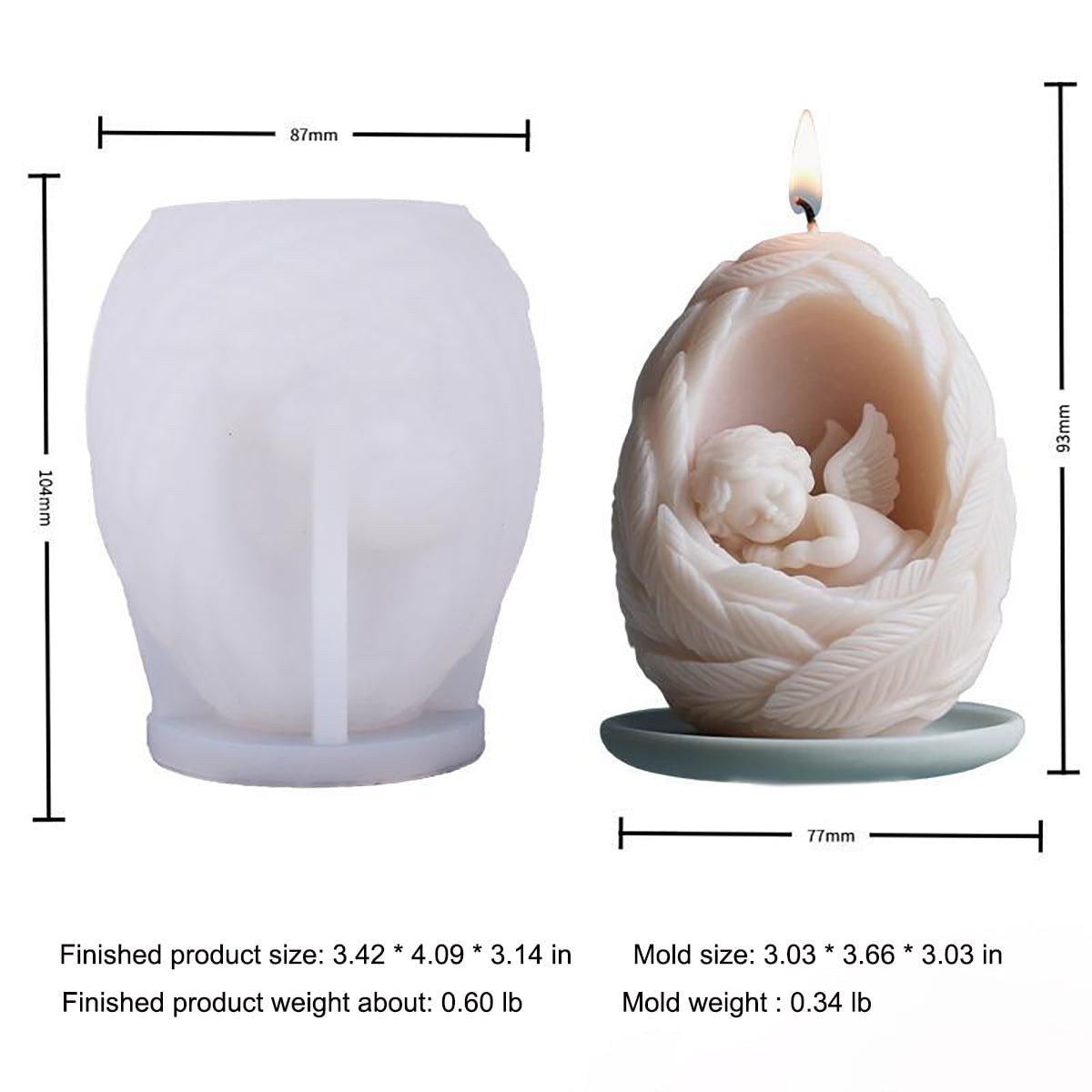 2PCS Feather Angel Silicone Candle Molds Epoxy Resin Wax Mold Silicone Egg Shaped Angel Mold for Candle Craft Making Festival Gift Decoration Angel Pendant Ornament