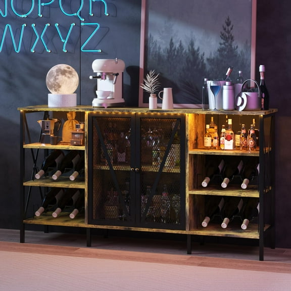 Ataucjin 55inch Farmhouse Wine Bar Cabinet with Wine Rack and Glass Holder, Industry Coffee Bar with Led Light, Metal Sideboard and Liquor Table Cabinet with Mesh Door for Living Room