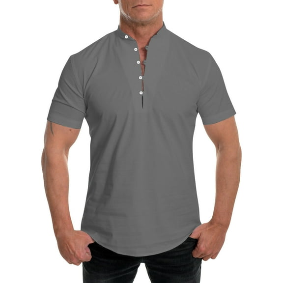 Aayomet Shirts For Men Men Summer Solid Stand Collar Short Sleeve Casual Loose Shirt Top Mens Summer Shirt Gray,XL