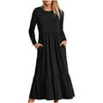 thumbnail image 1 of Liquidation! Hontri Robes pour Femmes 2024 Robe à Col Rond Plissée Unie à Manches Longues Évasée Décontractée Robes pour Femmes Noir,G, 1 of 4