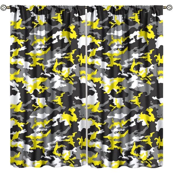 Yellow Camo Blackout Curtains，for Girls Boy Home Decor, Abstract Hunter Army Camouflage Pattern Drapes Window 2 Panel Rod Pocket Curtain for Bedroom Living Room Nursery Decor 72" W X 63" L