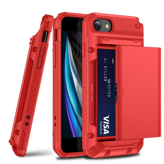 for iPhone 7 Plus Case, iPhone 8 Plus Case Wallet Credit Card Holder ID Slot Sliding Door Hidden Pocket Anti-Scratch Dual Layer Hybrid Bumper  Protective Hard Shell Back Cover, Red