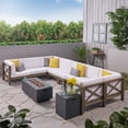thumbnail image 2 of GDF Studio Keith Outdoor Acacia Wood 8 Seater Sectional Sofa Set with Fire Pit, Gray, White, and Dark Gray, 2 of 12