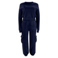thumbnail image 5 of Women's 2 Piece Tracksuit Set Crewneck Cropped Long Sleeve Top High Waist Cargo Jogger Pants Elastic Waist Side Pockets Relaxed Comfortable Outfit for Workout Casual Daily Wear Navy_#47 S, 5 of 5