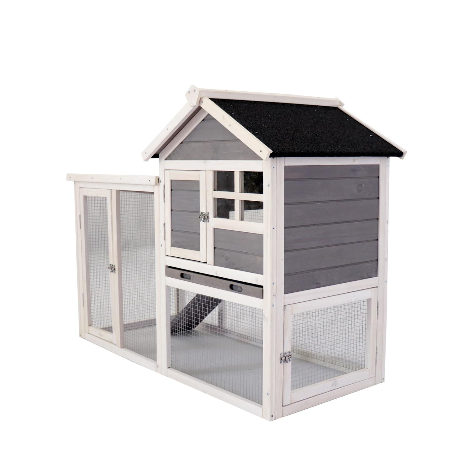 Pefilos 61" 2-Tier Rabbit Hutch Hen House for 2 Chicken Coop, Outdoor Bunny Cage for Backyard, Solid Wood Pet House, Gray Pefilos 61" 2-Tier Rabbit Hutch Hen House for 2 Chicken Coop, Outdoor Bunny Cage for Backyard, Solid Wood Pet House, Gray