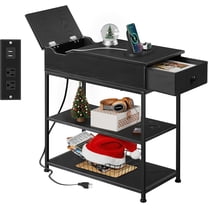 CZMDZH Narrow Side Table with 2 USB Ports and 2 Outlets, Flip Top End Table with Drawer and Storage Shelves, Small Nightstand with Charging Station for Living Room/Bedroom, Black