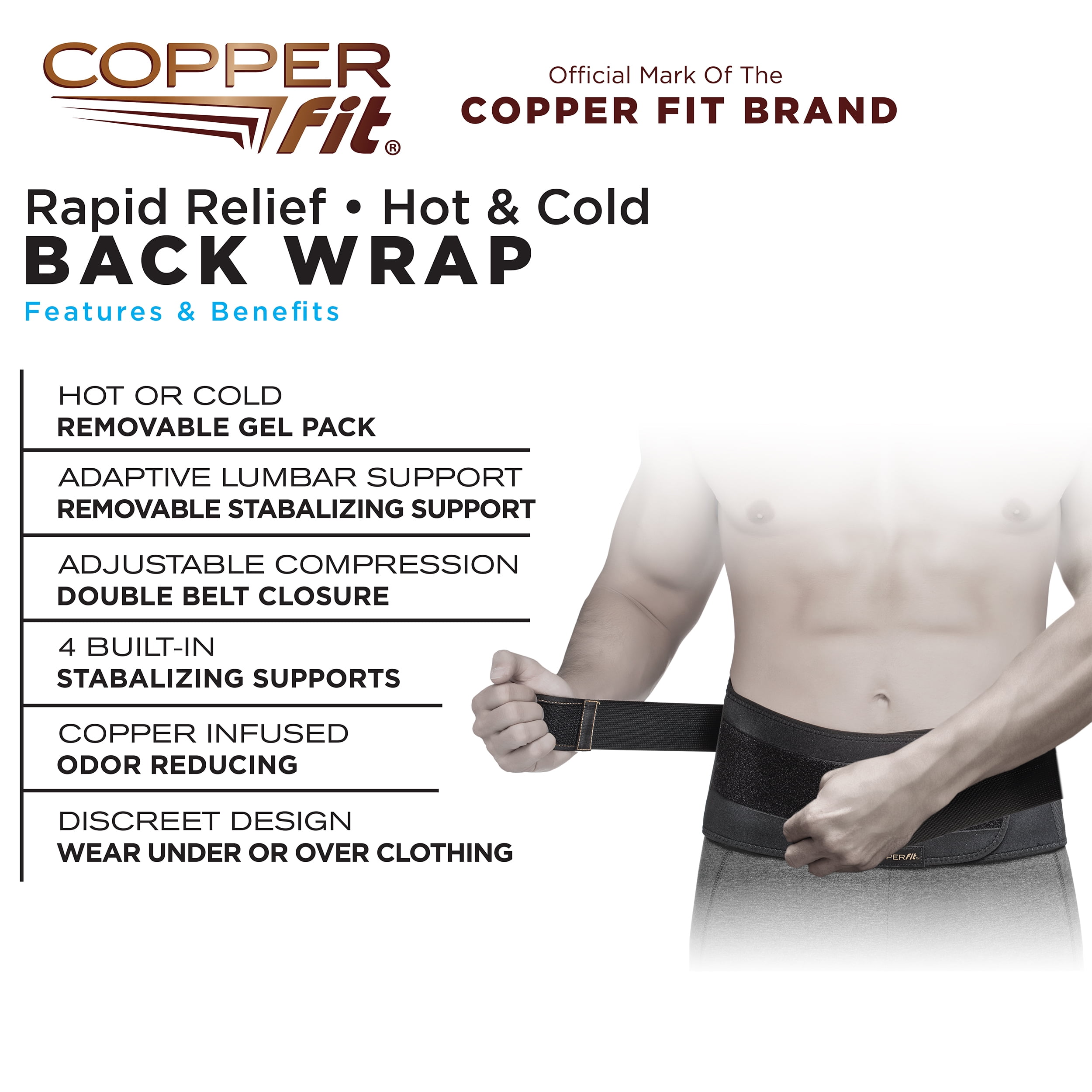 Copper Fit® Unisex Rapid Relief Back Support Brace with Hot/Cold Therapy,  Adjustable 