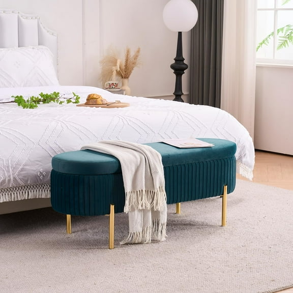 Velvet Storage Bench for Bedroom Upholstered End of Bed Bench Oval 45.5"W Modern Ottoman with Gold Legs for Living Room/Window/Entryway