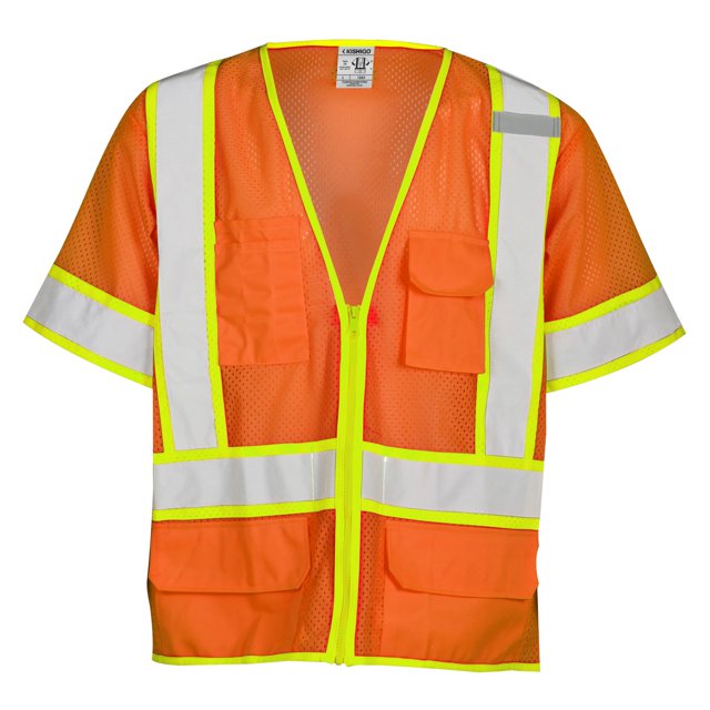 Kishigo Unisex High Visibility Reflective 6 Pocket Contrast Mesh Vest 1243, Zipper Closure, Polyester, ANSI 107 Type R / Class 3, Construction, Roadwork, Utility, Warehouse, Outdoor (Orange, XL)
