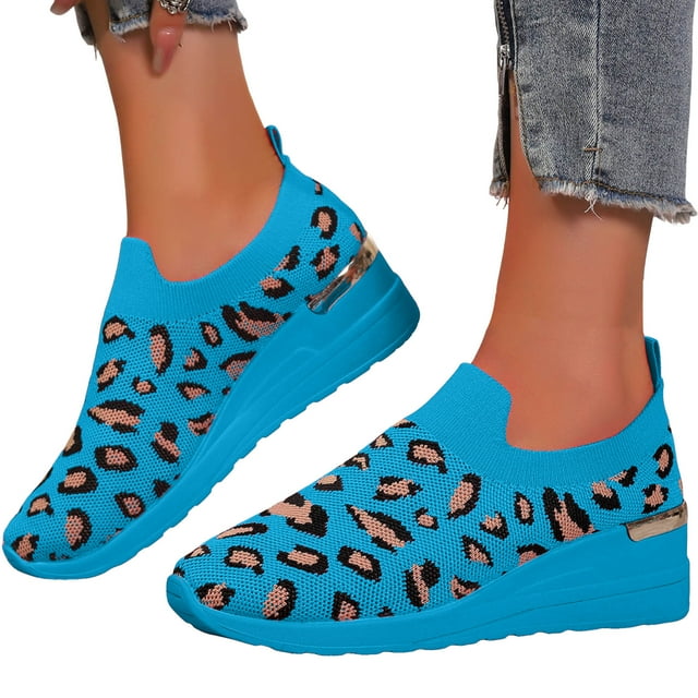 Chaussures de Marche à Enfiler à Talon Compensé Léopard pour Femmes, Confortables, en Maille Tissée Aérée, Plateforme, Mocassins, Espadrilles de Travail