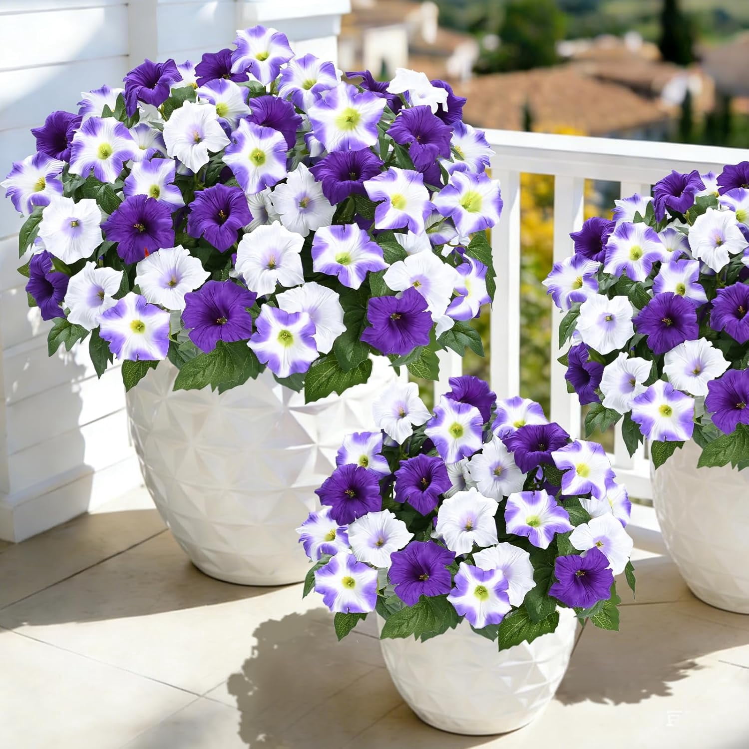Artificial Flowers for Outdoors, 5 Bundles Realistic Fake Outdoor Flowers, UV Resistant Silk Petunia Flower for Outside Look Real Faux Flower Plants for Outdoor Porch Decor, Purple White