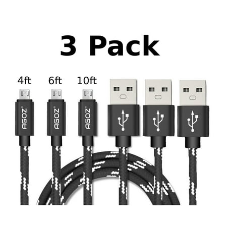 Micro Usb 6ft 3 Pack 10ft, 6ft, 4ft, Micro USB FAST Charging Charger Data Cable Cord For Samsung Galaxy S7 Active, S7 Edge, Note 5/4, S6, J7 V, J7 PRO, J7 Sky Pro, Perx Prime, J3 Aura Orbit Emerge Eclipse ()
