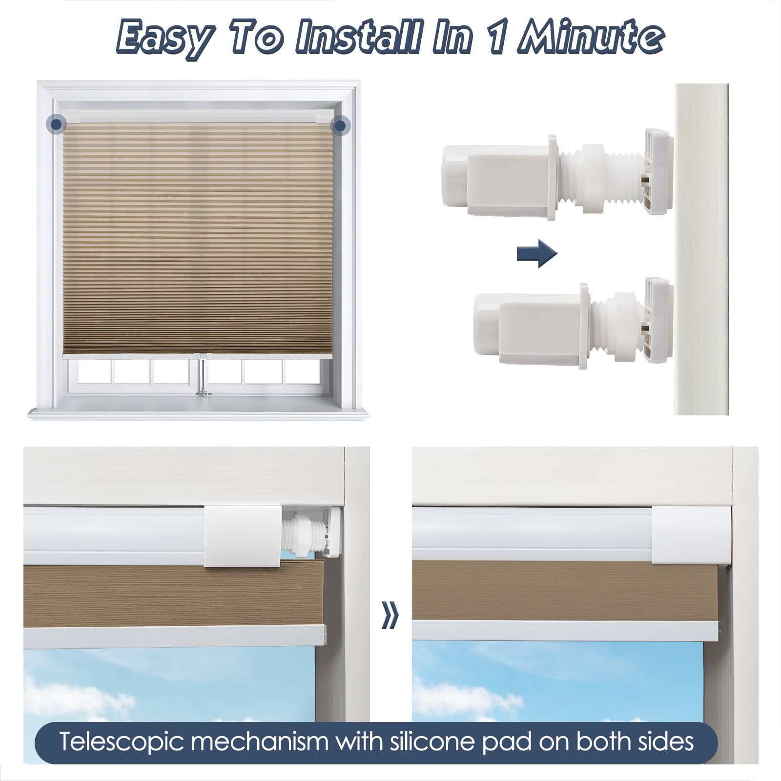 Keego No Drilling Cordless Cellular Shades Honeycomb Window Blinds Easy Installation Heat Insulating Noise Reducing Curtains Semi-Blackout Khaki, 57.5"w x 60"h
