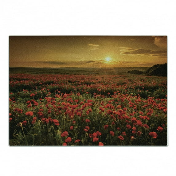 Flower Cutting Board, Poppy Field at Sunset Sun Beams Meadow Cloudscape Wildflower Scene, Decorative Tempered Glass Cutting and Serving Board, Small Size, Marigold Scarlet, by Ambesonne