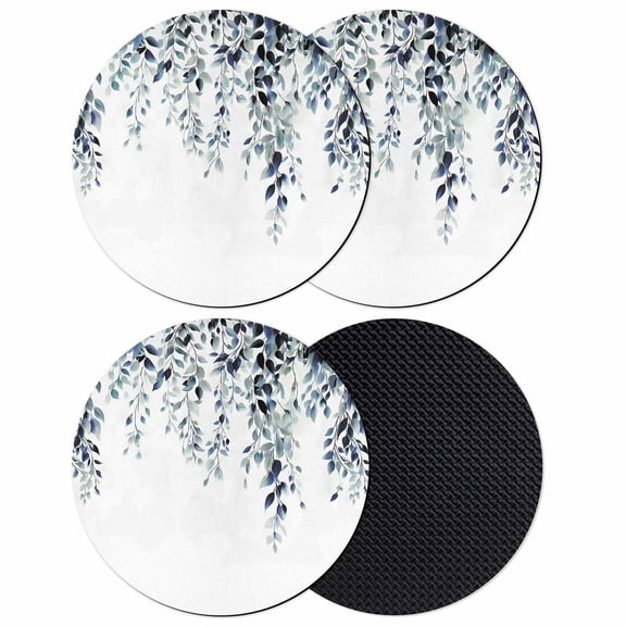 Blue Teal Eucalyptus Coasters Set of 4, Absorbent Coasters for Drinks, Weeping Botanical Leaf Watercolor Coaster for Desk Coffee Table Protection, Home Decor House Warming Gifts 4"