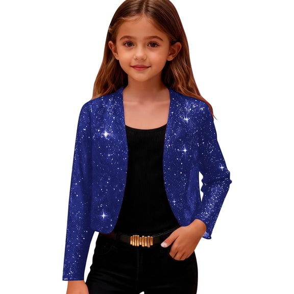 Girls Sequin Jacket Sparkly Glitter Open Front Cropped Blazer Lightweight 3/4 Length Sleeve Jacket Blue 150