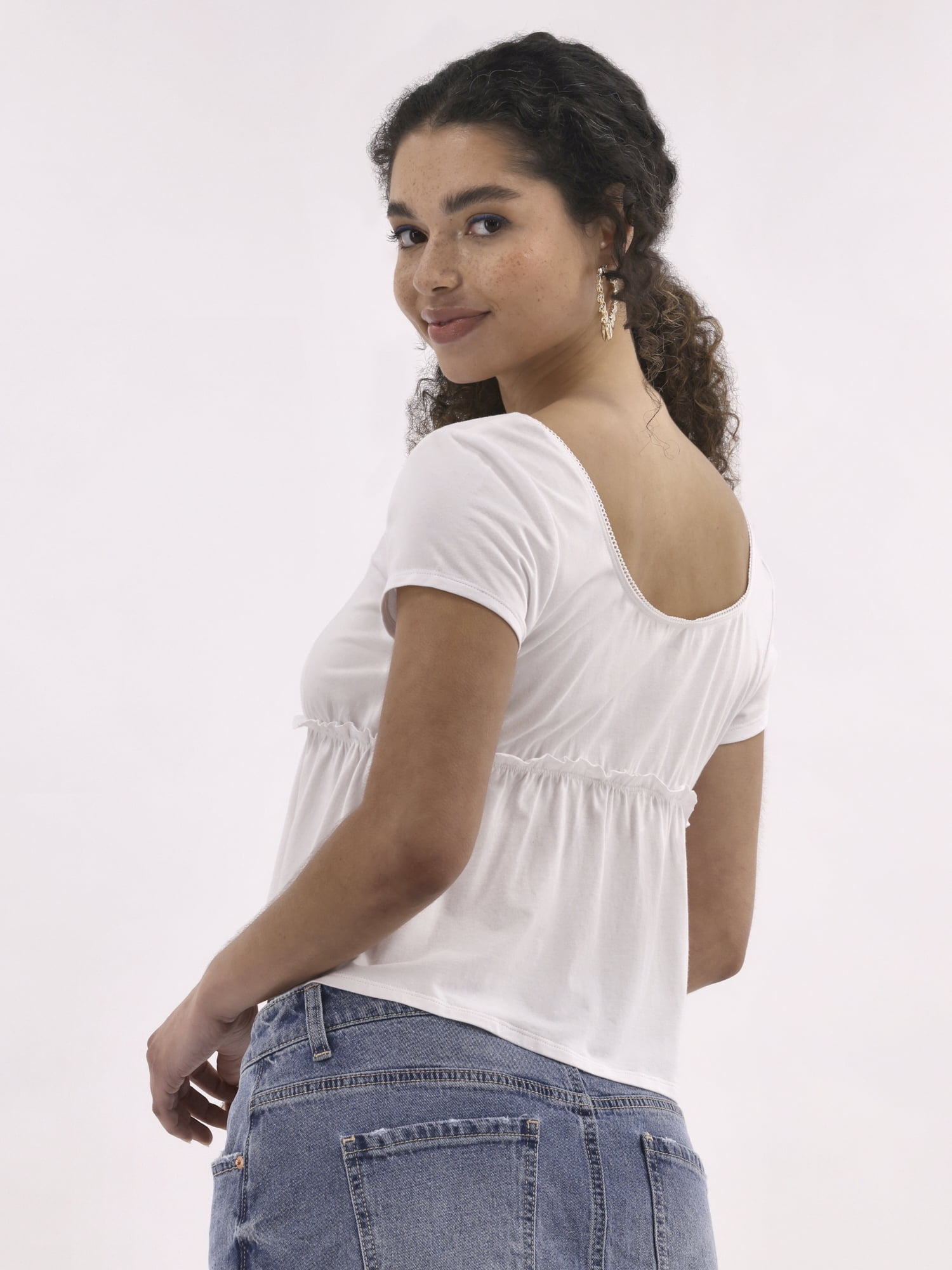 No Boundaries Babydoll Top with Short Sleeves, Women's