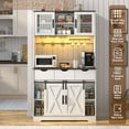 thumbnail image 6 of 72" LED Kitchen Pantry Cabinet with Hutch & Power Outlet & Wine Rack, Farmhouse Slidding Barn Door Pantry Cabinet with Microwave Stand, 6 of 9