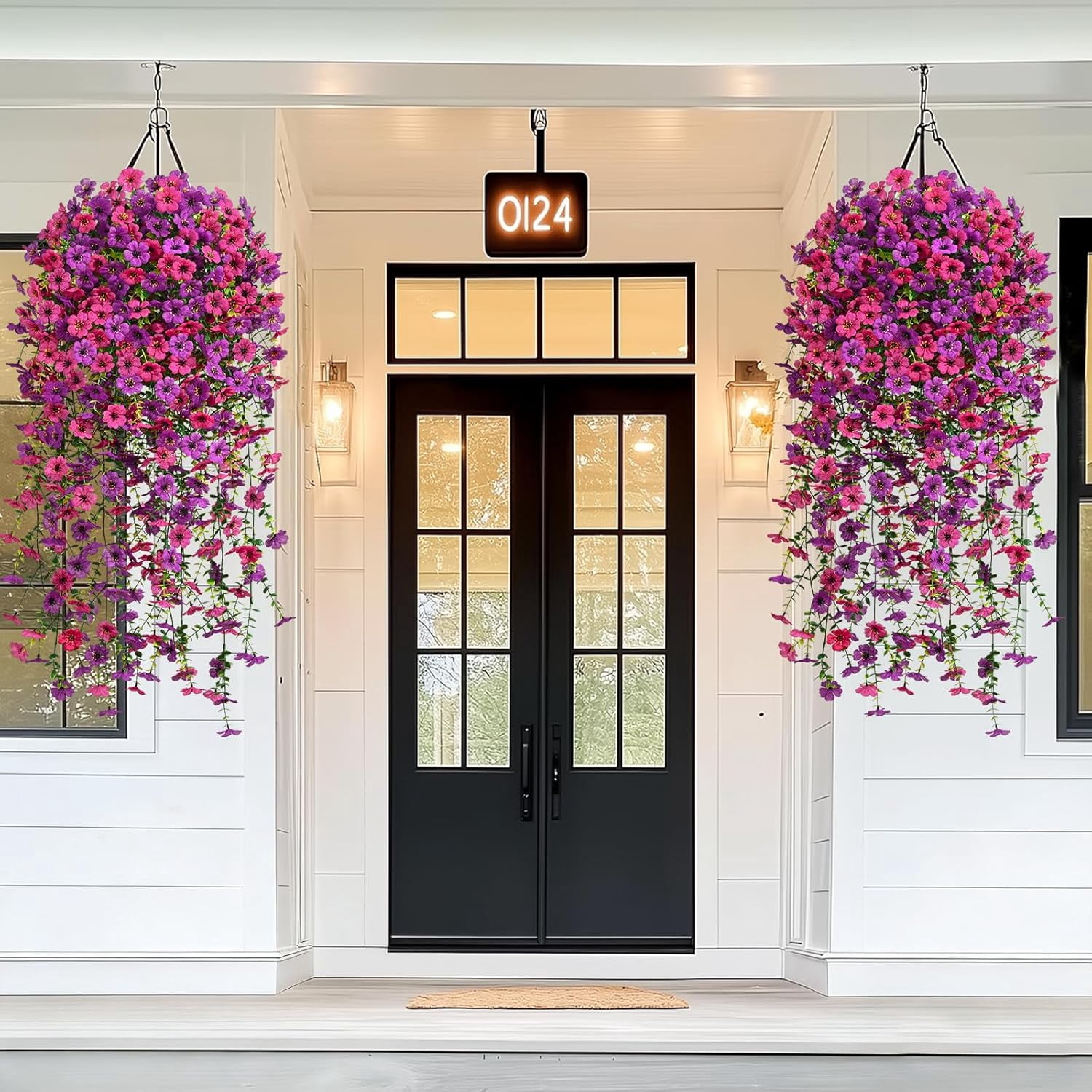 Waipfaru Artificial Hanging Flowers for Outdoors Spring Summer Decoration,2 Pcs UV Resistant Faux Silk Violet Fake Flowers for Garden Porch Window Home Decor(Purple&Rose Red)