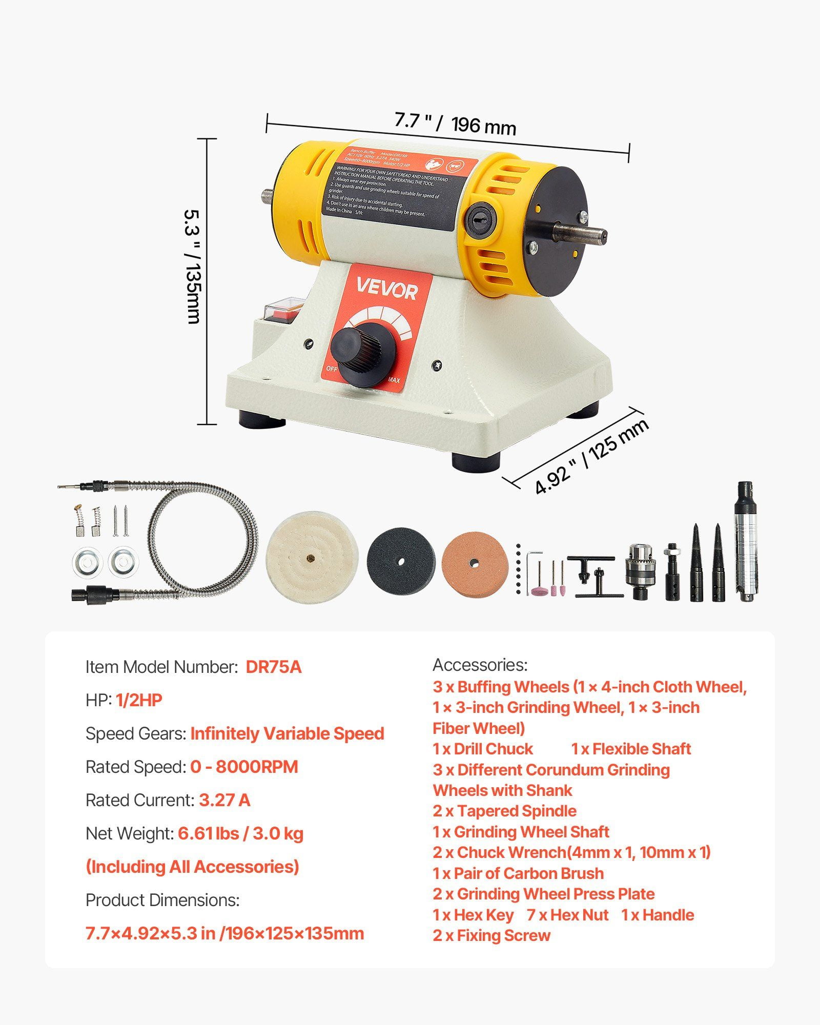 1/2HP Bench Buffer Polisher, 0–8000RPM Variable Speed Bench Grinder with 3-inch & 4-inch Wheels, Cast Aluminum Base, Complete Accessory Kit, Compact & Portabl