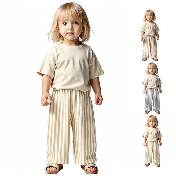OSOLU Girls Striped Pants Elastic Waist Straight Leg Casual Daily Trousers Khaki