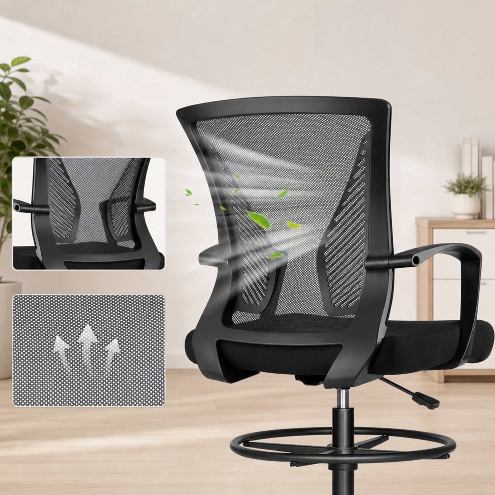 Fenbeli Drafting Chair Tall Office Chair with Lumbar Support and Adjustable Footrest Ring, Black