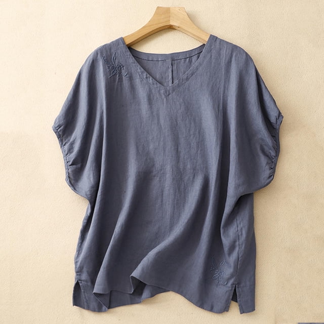 Blouses pour Femmes, Chemisiers Chemise à Manches Courtes pour Femmes en Coton et Lin Uni à Col Boutonné