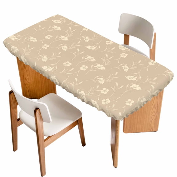 Beige Floral Table Cloths for 4 Foot Rectangle Tables, Vintage Spring Botanical Flowers Patio Waterproof Elastic Fitted Tablecloths, Washable Rectangular Table Cover for Camping
