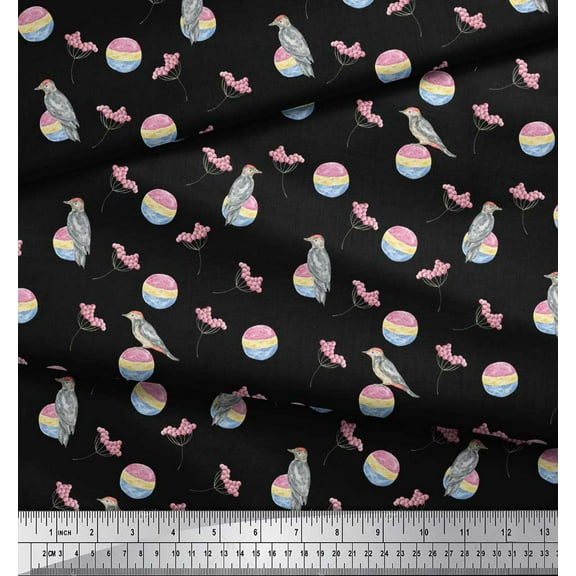 Soimoi Black Cotton Duck Fabric Red Berries & Woodpecker Bird Printed Craft Fabric by the Yard 44 Inch Wide