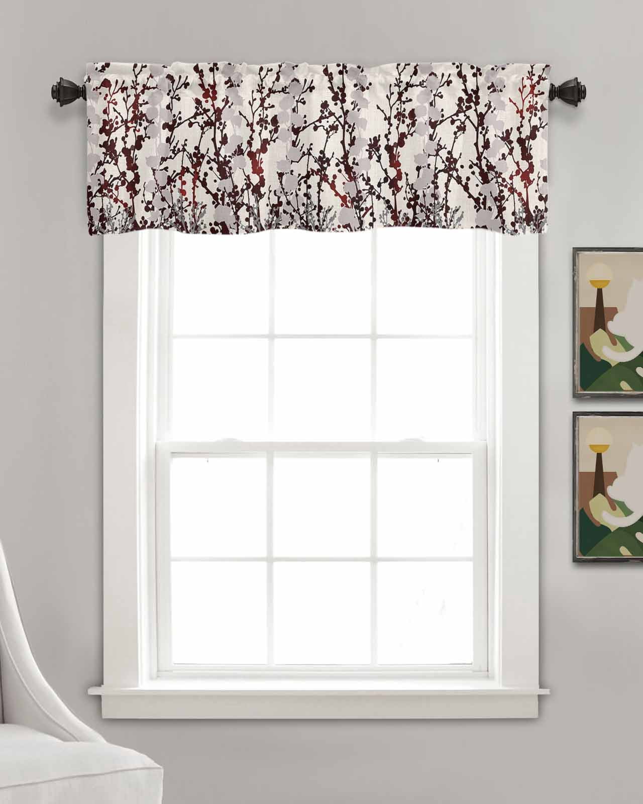 Black Brown Branches Linen Curtain Valance for Bedroom/Bathroom/Kitchen/Office/Living/Dining Room Window,Watercolor Botanical Abstract Art Rustic Rod Pocket Topper Decorative Cafe Drapes Panel 60x18