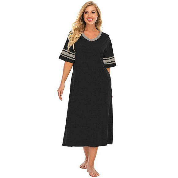 VOIANLIMO Women's Sleepwear Cotton Homewear Short Sleeve Loungwear Loose Long Sleepwear V Neck S-XXL