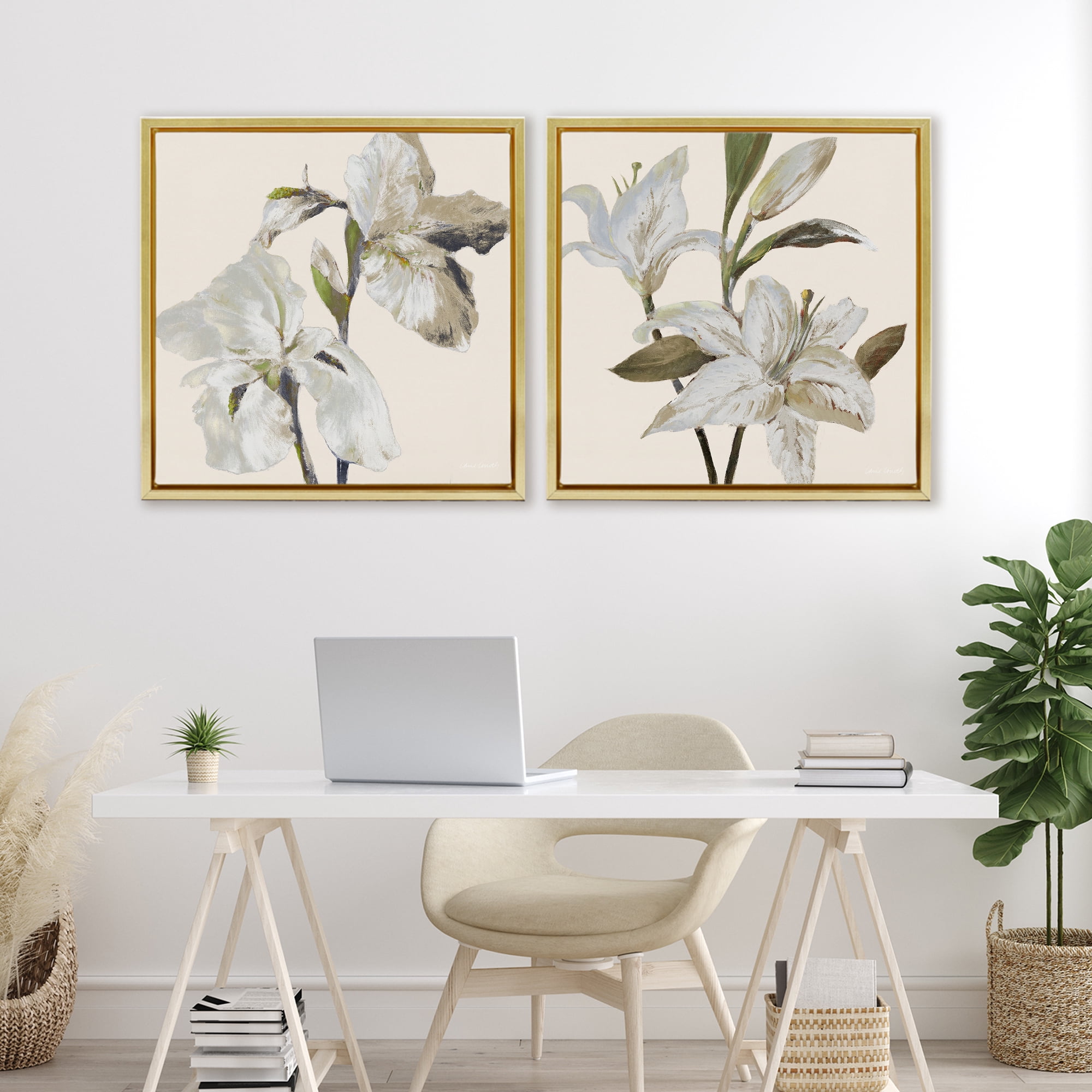 Stupell Industries Irises and Lilies Soft Beige 2 Piece Gold Framed Floater Canvas Set, design by Lanie Loreth