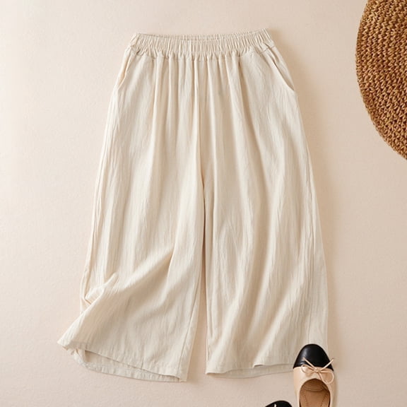 Women's Plus Size Cotton Linen Capri Pants, High Waisted Wide Leg Cropped Pants, Elastic Waist Casual Culottes with Pockets, Comfortable Breathable Summer Cropped Trousers for Women Beige L