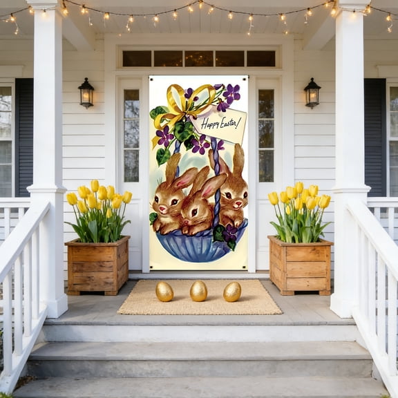 Linnome Easter Door Curtain with Egg and Bunny Pattern Spring Holiday Decor Backdrop for Home Entryway Party Photo Booth Decoration