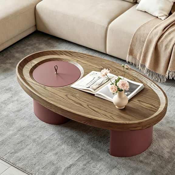 CasaBloom 45" Oval Coffee Table with Storage, Mid Century Modern Coffee Table for Living Room Wooden Light Walnut Coffee Table with Red Legs