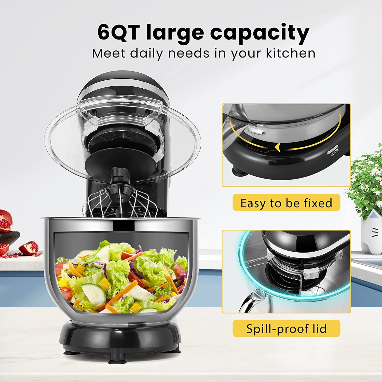 SPECSTAR Stand Mixer, 650W 10 Speed 6 Quart Tilt-Head Kitchen Electric Food Mixer with Beater, Dough Hook and Wire Whip, Black