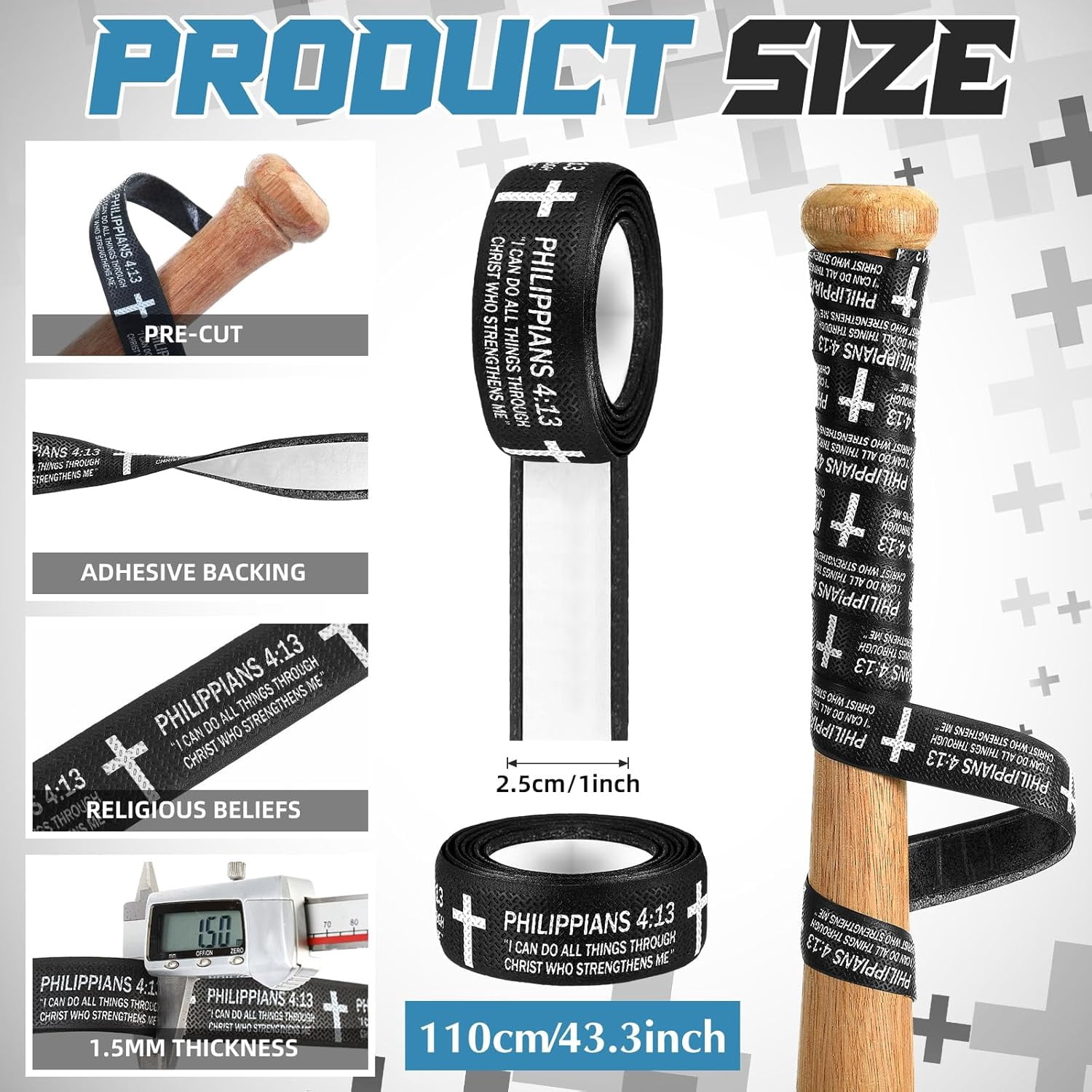 NestE-Christian Baseball Bat Grip Tapes 1.5mm Faith Cross Bat Grip Tape, Precut Full Adhesive Baseball Wrist Tape Scripture Design Non-Slip Religious Baseballs Grips Tapes