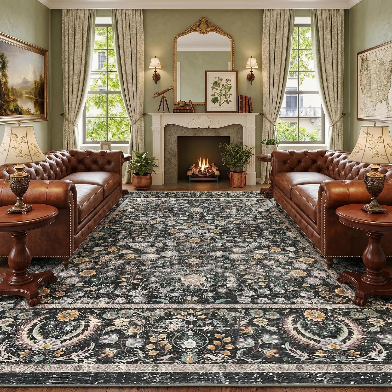 10x13 Washable Area Rug, Vintage Boho Floral Low-Pile Rug, Stain Resistant Soft Non-Slip Carpet for Living Room, Bedroom, Dining Room, Kids Nursery, Black Gray