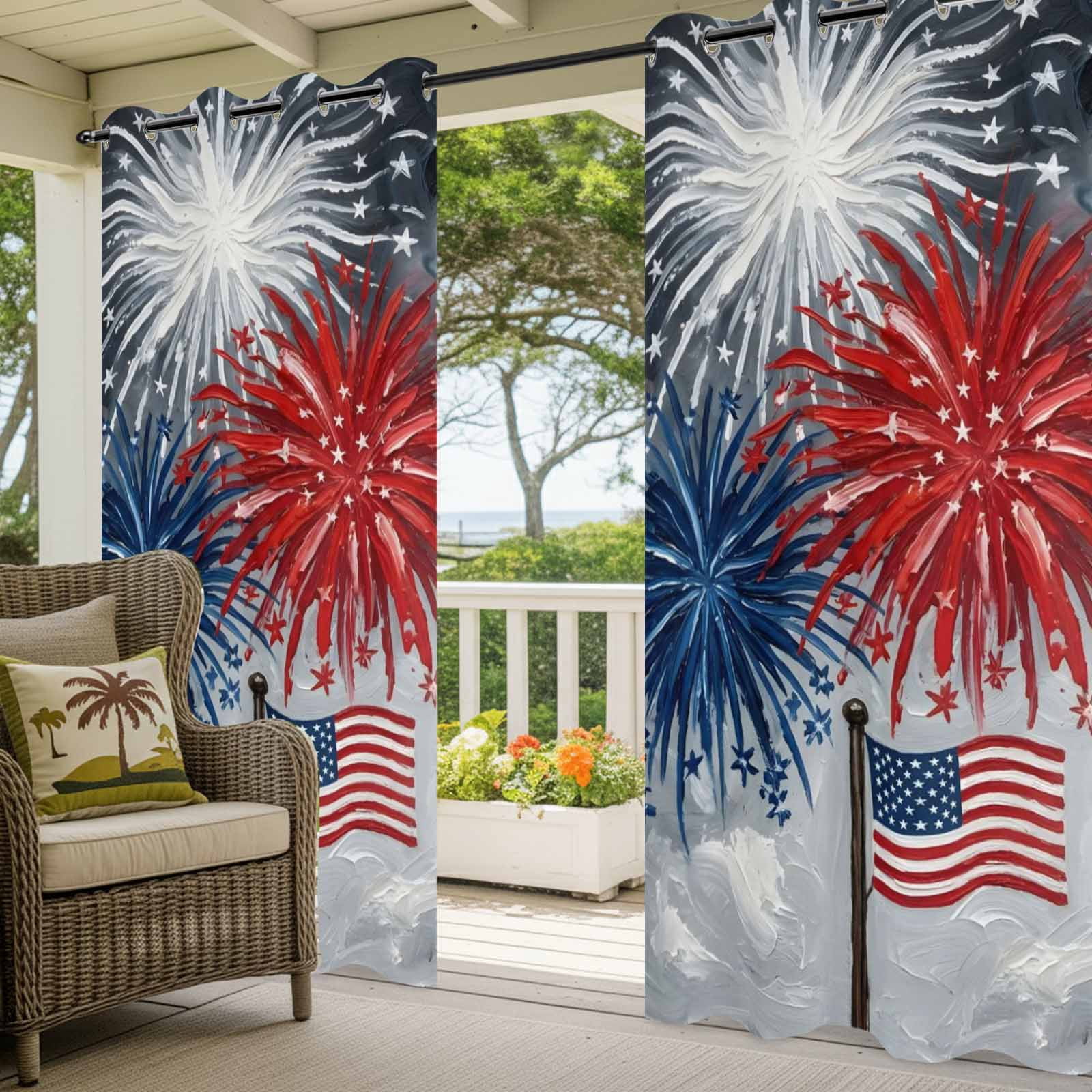 Independence Day Outdoor Curtains for Patio, Oil Painting Blue White Red Firework Flag Sunshade Privacy Drapes Grommet Waterproof Outside Curtains for Porch/Cabana/Balcony 54"x 108", 1 Panel