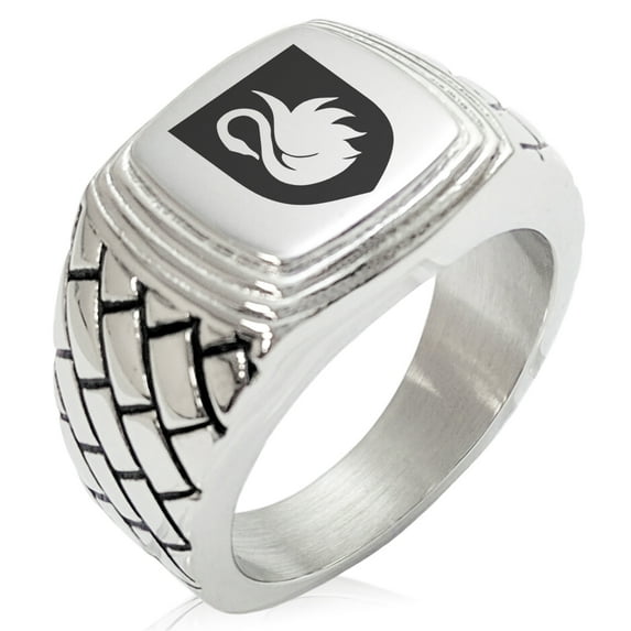 Stainless Steel Swan Harmony Coat of Arms Shield Geometric Pattern Step-Down Biker Style Polished Ring