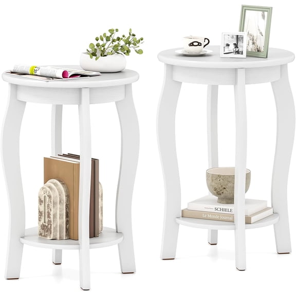 WoofPaw Round End Table Set of 2, Wooden Side Table with Storage Shelf, Small Nightstand with Solid Wood Legs, 2-Tier Accent Table for Living Room Bedroom,White