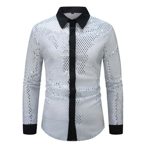 IYTR Men's Shiny Sequin Mesh Long Sleeve Shirts Casual Fashion Stretch Button Down Lapel Beach Shirt (White,XXL)