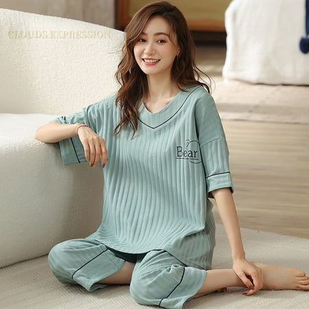 

QWZNDZGR Spring Big Size 5XL Knitted Cotton Floral Pajamas Sets Women Pyjamas Elegant Sleepwear Nightwear Pijama Mujer Loungwear Homewear