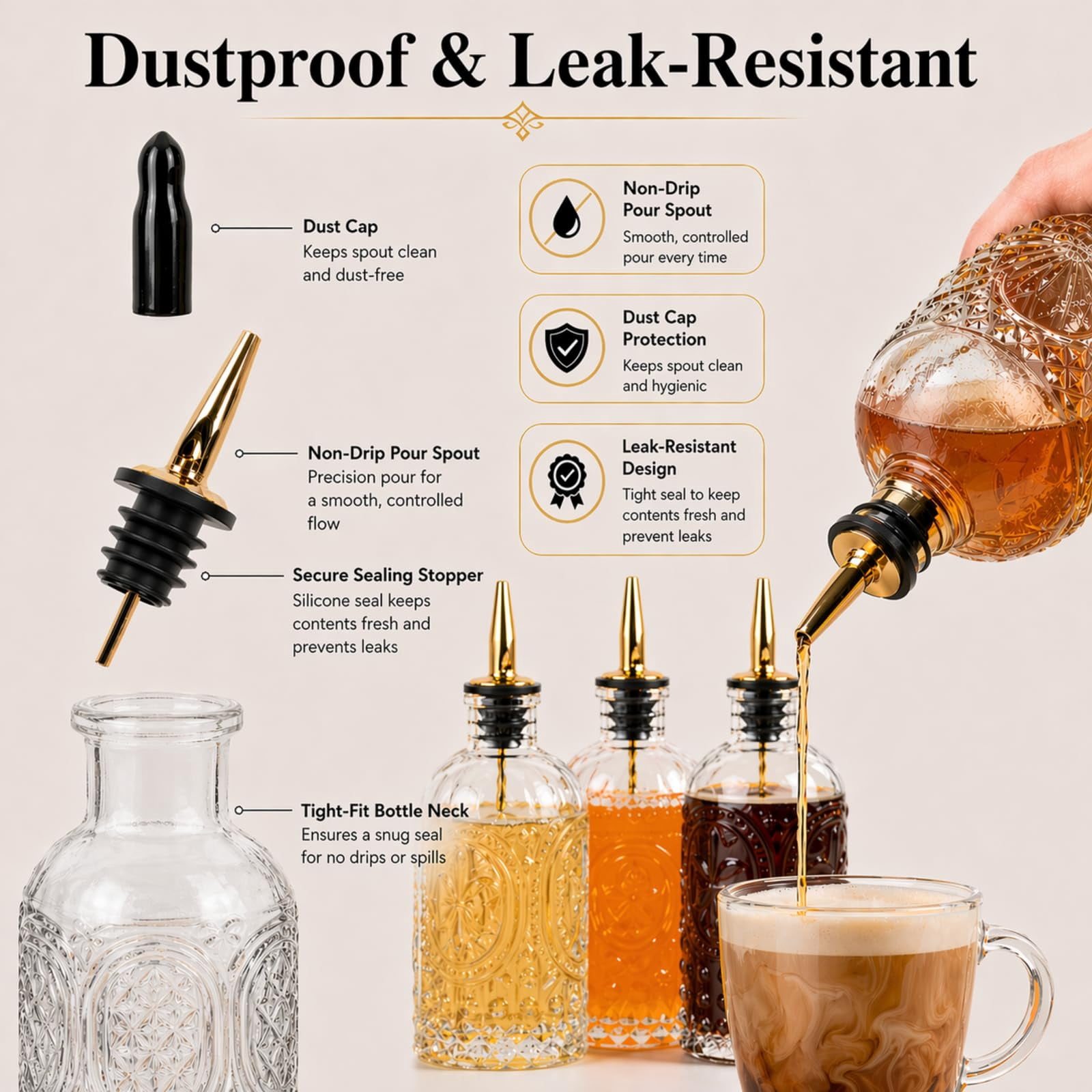 Syrup Dispenser Bottles Set Of 4  Simple Bottle For Coffee Bar Accessories 7 Oz Glass Containers Maple Honey Oil With Metal Pour Spouts & Labels