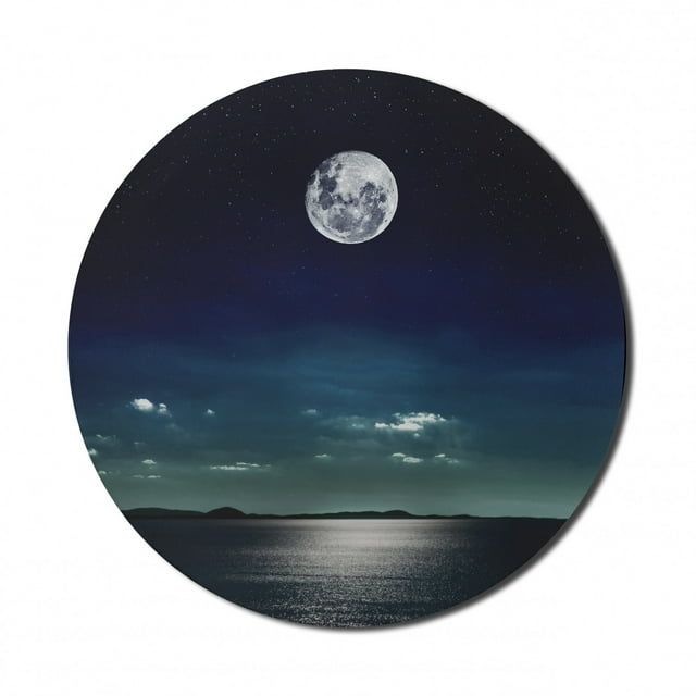 Ocean Mouse Pad for Computers, Full Moon Reflected in the Sea Moon Rays Surface Starry Sky Night Scenic View Print, Round Non-Slip Thick Rubber Modern Mousepad, 8" Round, Black Navy, by Ambesonne