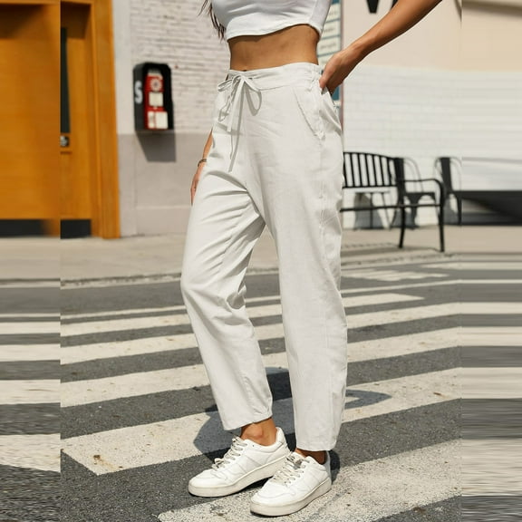 SNKSDGM Women's Plus Womens Dress Pants Tall Work Pants Women Plus Size Women's Solid Linen Casual Pants with Drawstring Elastic Waist Slim Fit Tapered Long Trousers